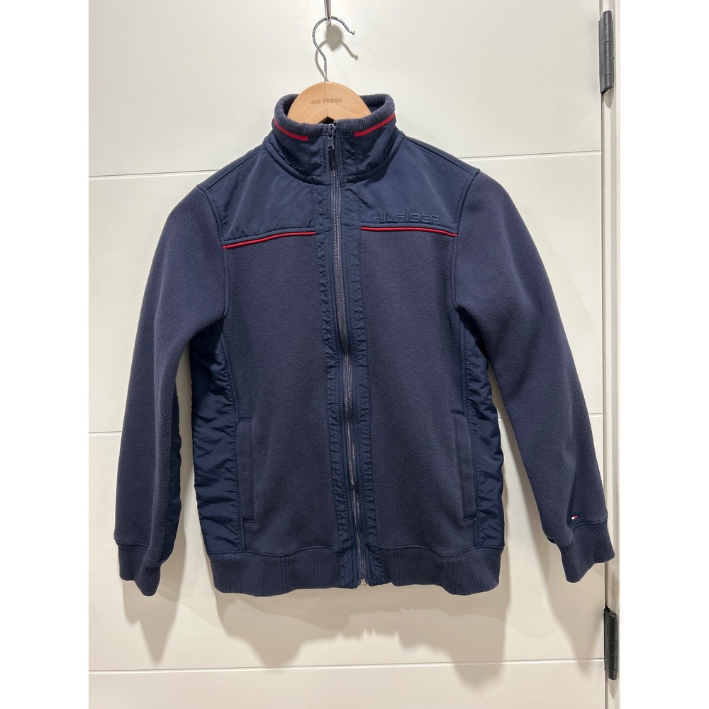 Tommy Hilfiger Boys Navy Blue Full Zip Fleece Jacket Mixed Media Size L 12-14
